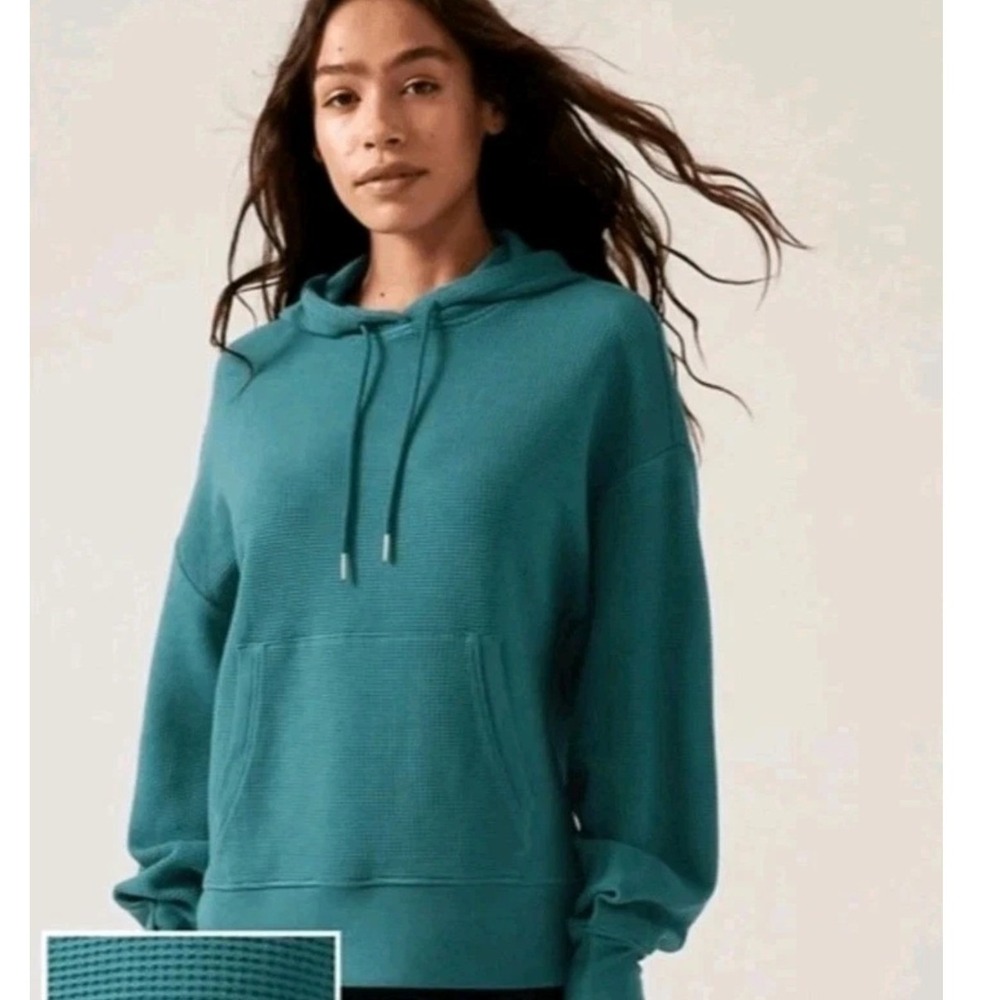 Athleta Balance Waffle Hoodie Teal Blue Pullover Sweatshirt M Cozy Athleisure